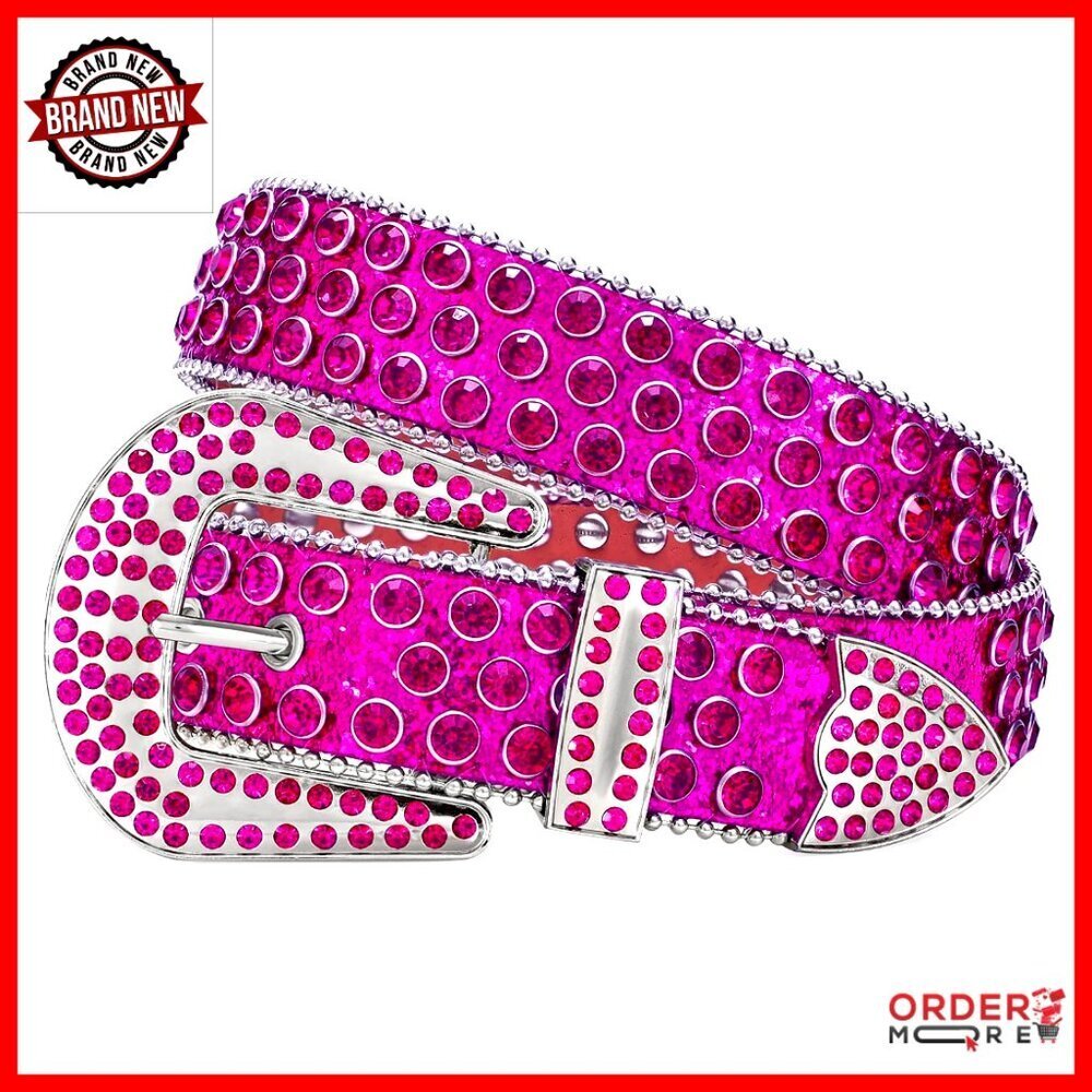Rhinestone Studded Western Leather Belt with Removable Buckle for Women